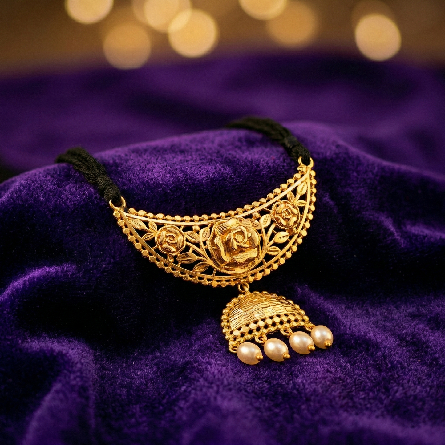 Traditionally designed Half-Chand Golap Pendant with south sea pearls