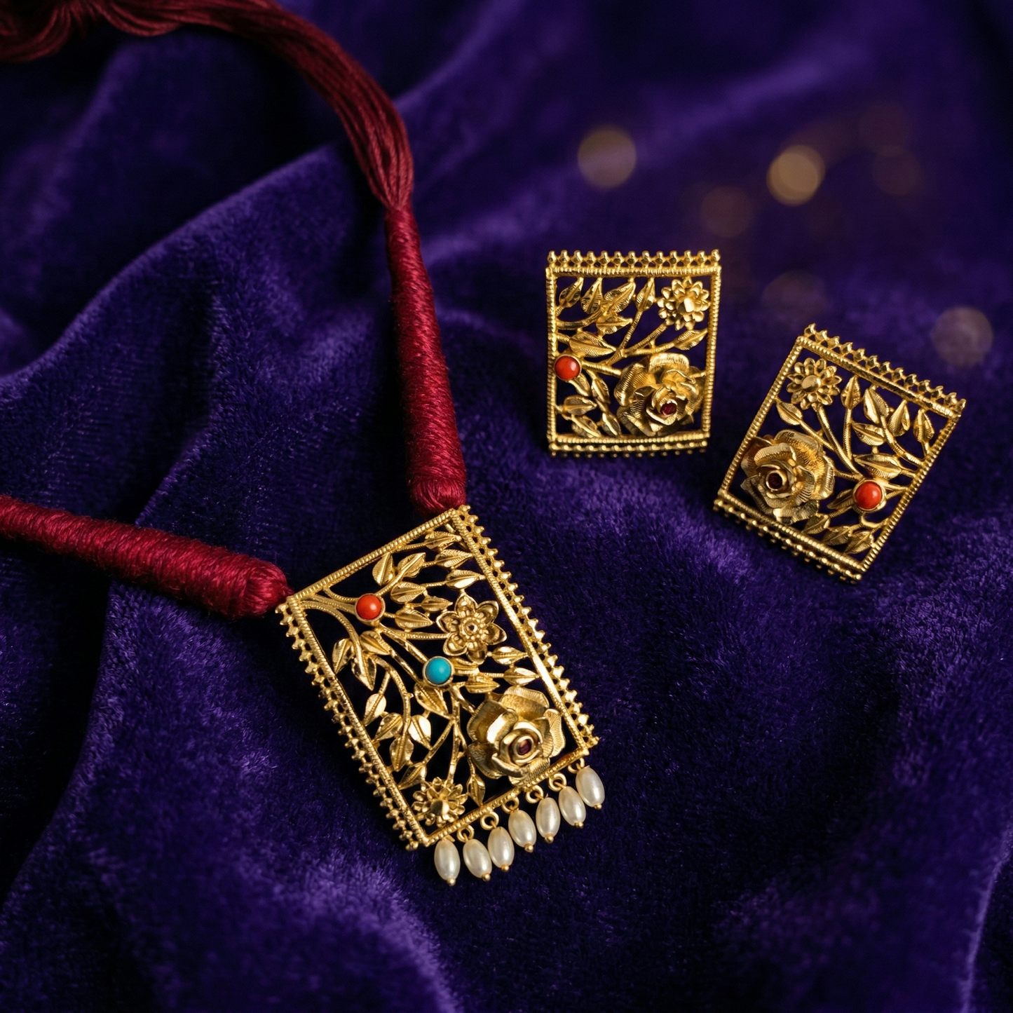 Traditional Rectangular Golap Pendant Set with Pearls