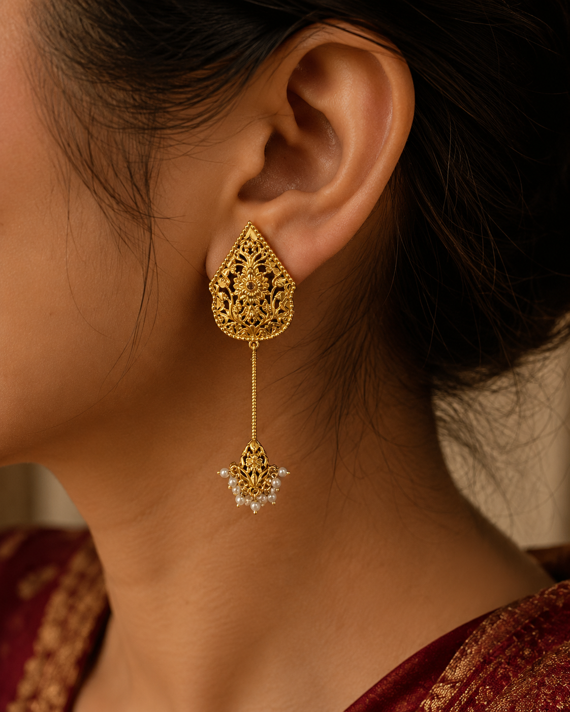 Naksha Designed Tulip Earrings with Pearl Drops.